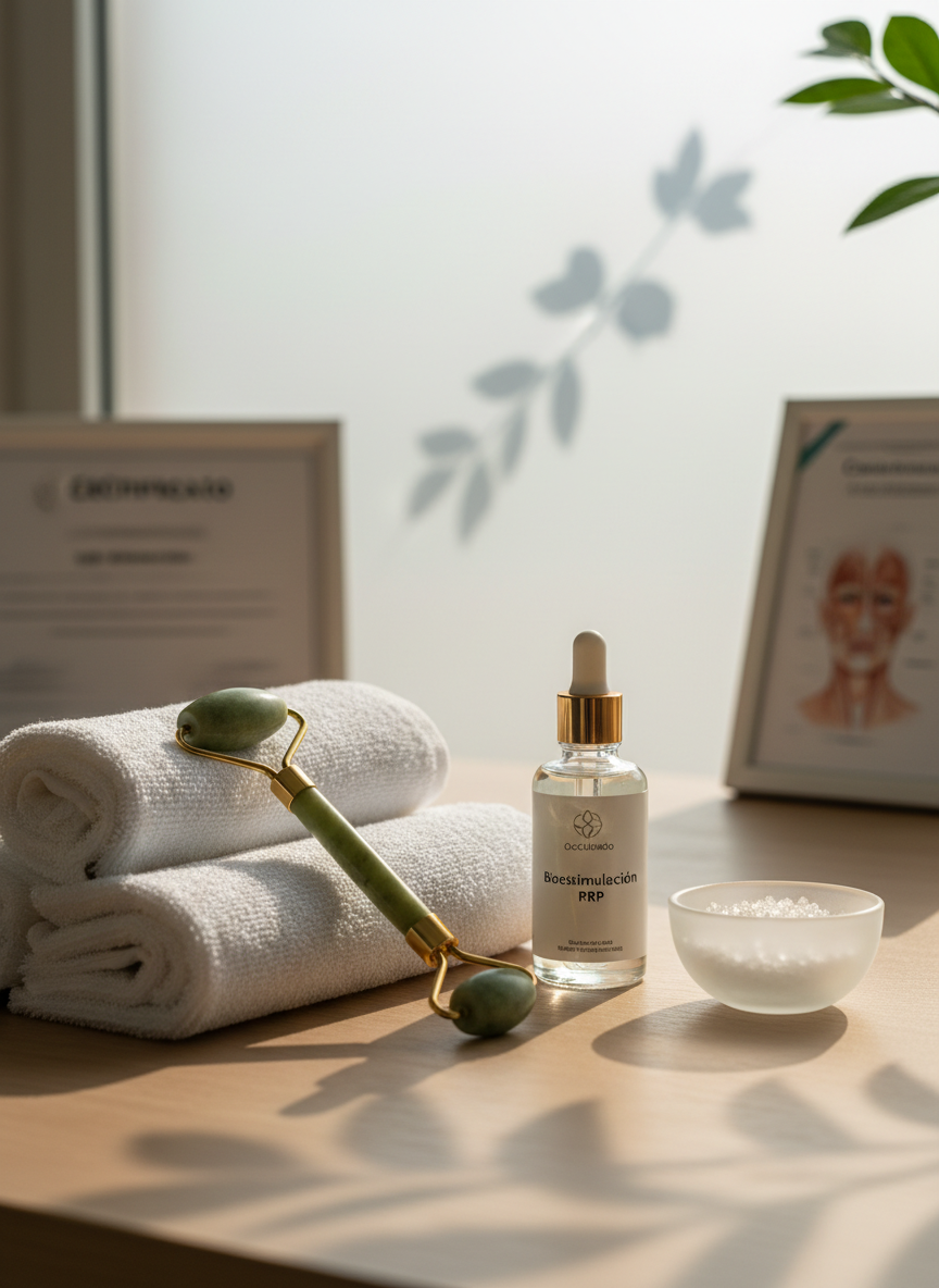 A serene, photographic realistic still life representing holistic facial wellness: neatly folded white spa towels, a polished jade roller, a small bowl of fine exfoliating crystals, and an elegant glass bottle of serum labeled “Bioestimulación PRP” in understated typography. These objects rest on a matte, light wood surface near a frosted window, with green leaves from an unseen plant casting soft, organic shadows. Gentle morning daylight floods the scene, producing a calm, soothing glow that contrasts subtly with a blurred background display of clinical certificates and diagrams. Shot at a slightly elevated angle using the rule of thirds, the composition feels balanced, natural, and professional, embodying BioCuidado’s union of science, technology, and nature.