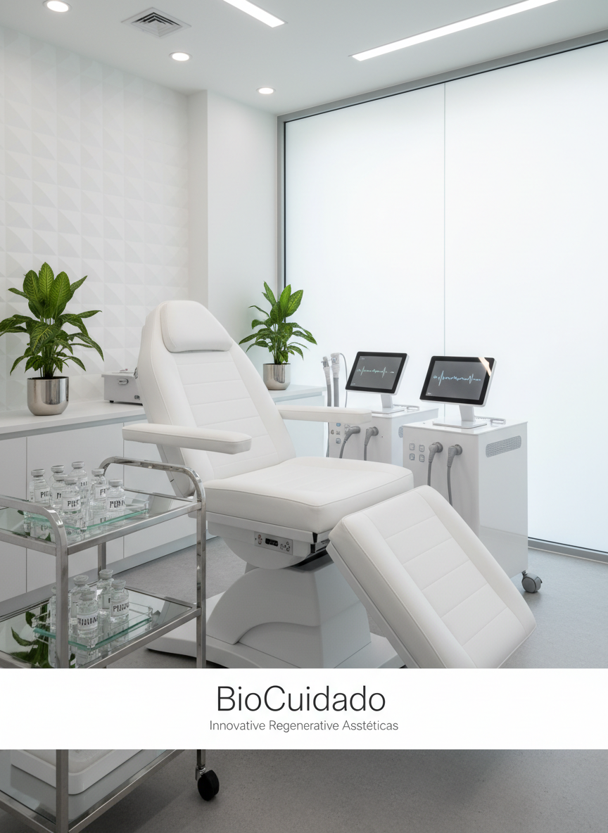 A pristine, high-tech treatment room designed for regenerative aesthetic medicine, featuring a central white reclined treatment chair with smooth vegan leather and subtle ergonomic curves. Surrounding it are sleek, minimal medical devices with clean digital interfaces, sterile glass trays holding neatly arranged vials labeled PRP, PDRN, and fibrinas, and a few small potted green plants adding a biophilic touch. The room is bathed in soft, diffused daylight from a large frosted window, complemented by cool white ceiling LEDs that eliminate harsh shadows. Photographic realism, eye-level composition with sharp focus throughout, clean and modern aesthetic, conveying a calm, professional, science-meets-nature atmosphere suitable for a BioCuidado homepage hero image.