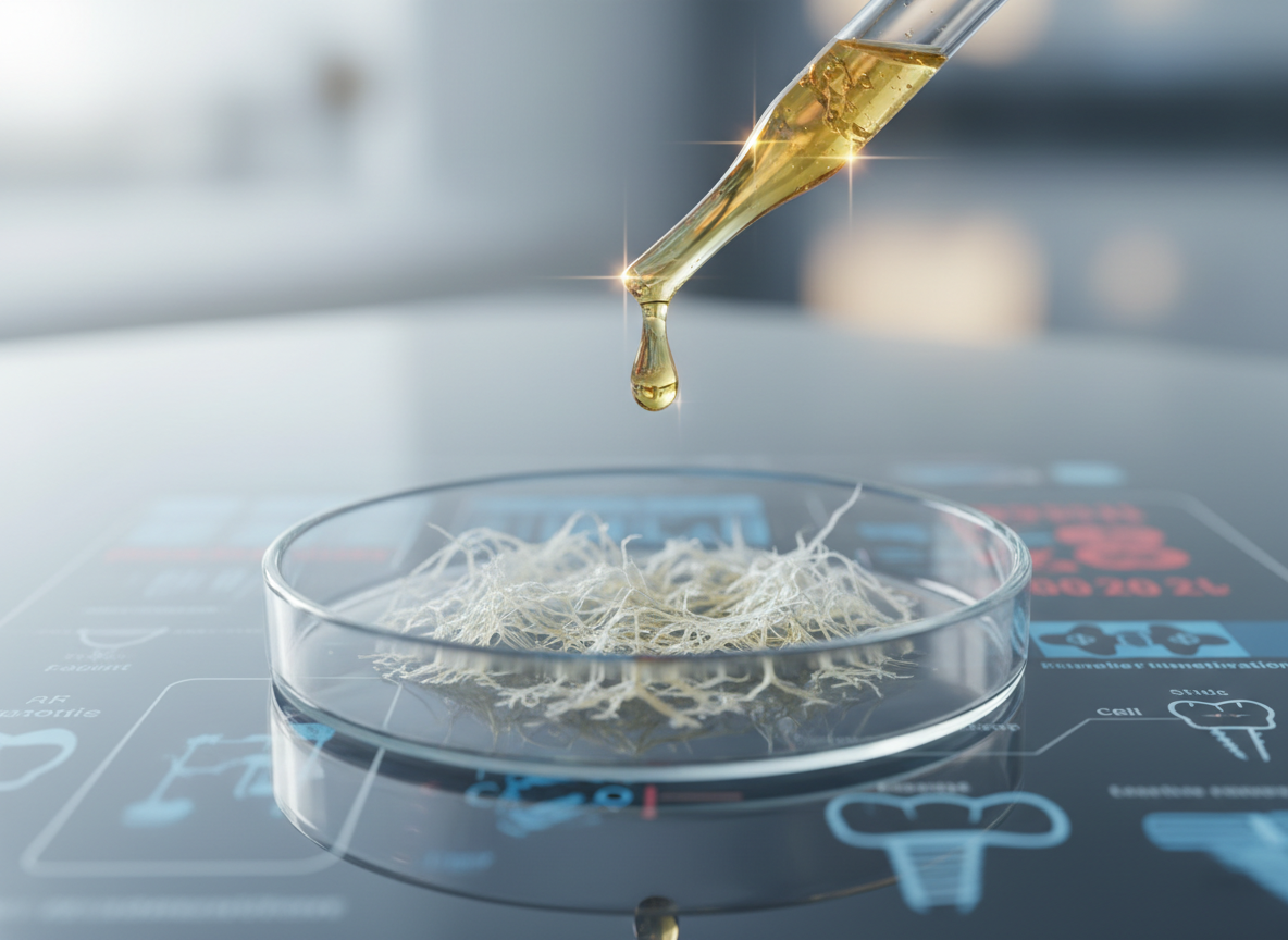 A detailed macro-style photograph of a single droplet of golden PRP about to fall from a sterile glass pipette into a transparent petri dish containing a delicate, semi-opaque fibrin matrix. The dish sits on a cool, reflective glass lab bench with faint, blurred outlines of anatomical illustrations and bone regeneration charts in the background. Strong but diffused top lighting creates luminous highlights in the droplet and subtle refractions in the glass, while the surroundings fall into a soft bokeh. The mood is scientific, innovative, and hopeful, visually narrating the moment where biology and technology converge to stimulate natural tissue healing and regenerative dentistry.