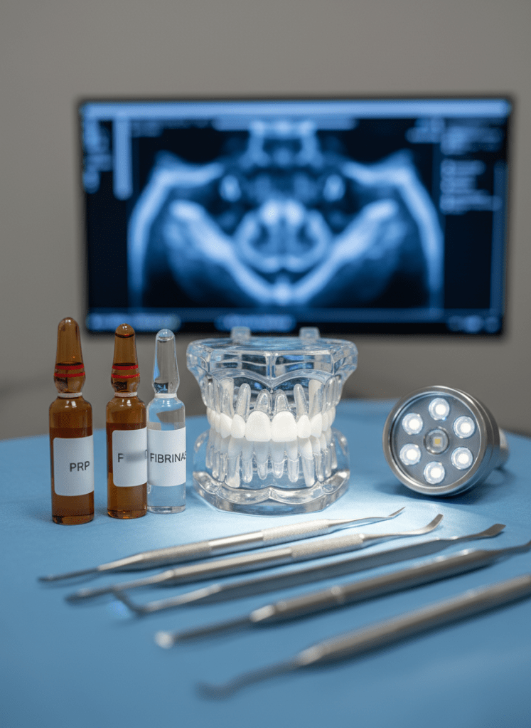 A highly detailed photographic view of an advanced oral rehabilitation setup focused on bone regeneration support. Centered on a sterile blue drape lies a 3D-printed anatomical jaw model with clearly defined sockets, surrounded by labeled ampoules of PRP and fibrinas, sterile titanium instruments, and a compact surgical light head resting off to one side. The background shows a blurred digital monitor displaying a bone density scan in cool blues and whites. Neutral, shadowless LED surgical lighting illuminates every surface evenly, revealing fine textures of plastic, metal, and viscous plasma. Composed at eye level with moderate depth of field, the mood is precise, trustworthy, and technologically advanced, ideal for explaining PRP-assisted oral surgery.
