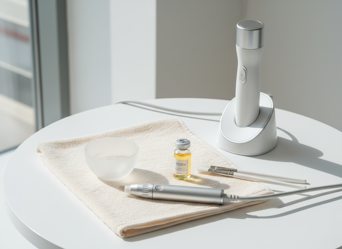 An elegant overhead photographic view of a spotless white facial aesthetics workstation prepared for a non-invasive rejuvenation procedure. On a soft, folded cream towel lie an array of instruments: a Dermapen device with fine micro-needling tips, a small transparent vial of PDRN with a subtle blue label, a glass bowl containing hydrating gel, and slim applicator brushes. Nearby, a compact, modern vacuum therapy handpiece rests on a curved docking base. Natural daylight from the side window blends with soft studio fill light, reducing glare and creating gentle shadows. The composition is minimalist and balanced, with a calm, spa-like yet clinical atmosphere that communicates precision, care, and modern innovation in skin texture and luminosity treatments.