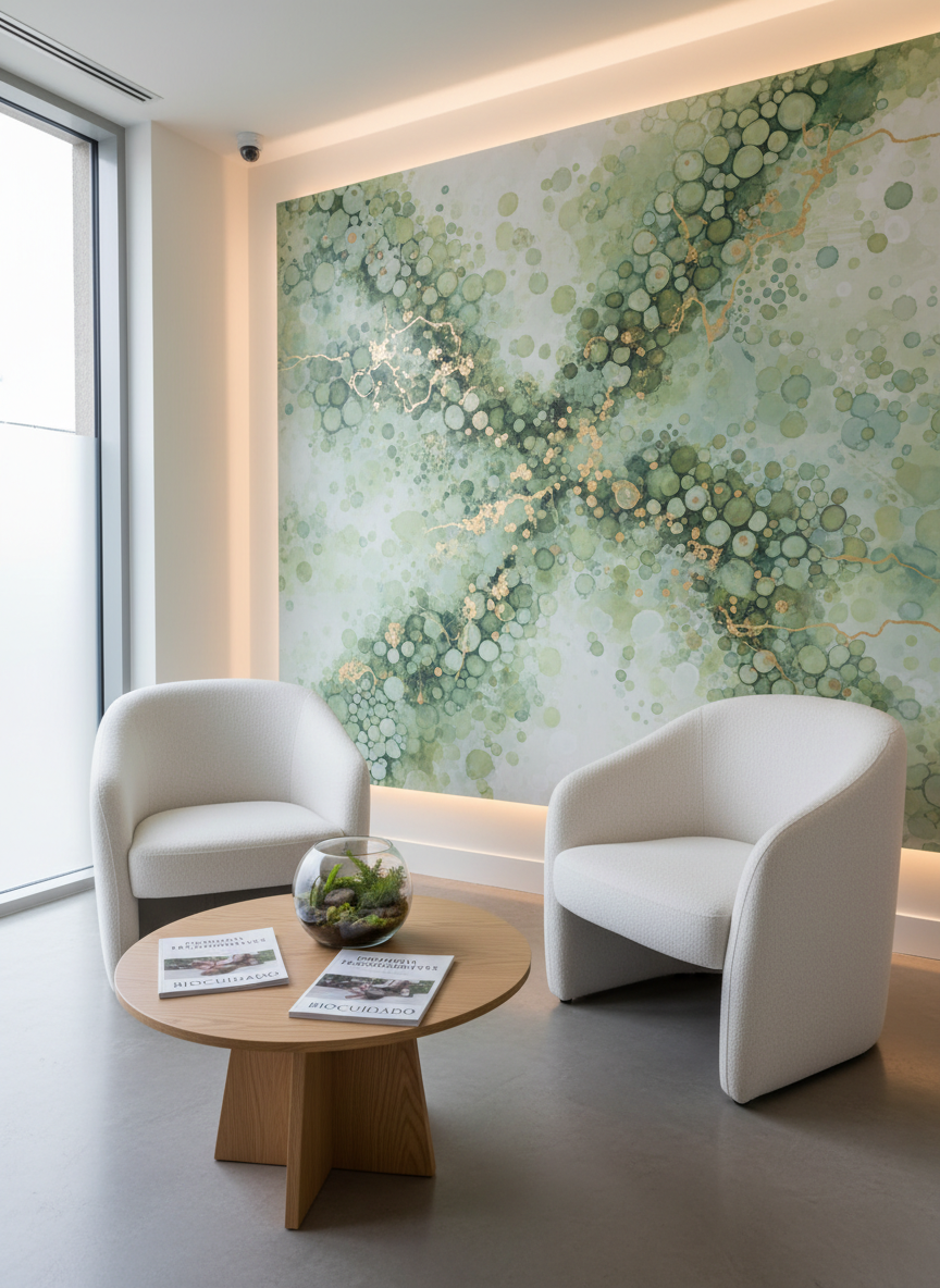 A modern, biophilic waiting area emblematic of a regenerative medicine clinic, without any people present. Two minimalist white armchairs with soft fabric upholstery face a low, light oak table holding medical journals about terapias regenerativas and an elegant glass terrarium with lush green moss. The back wall features a large abstract artwork inspired by cellular structures and tissue regeneration in soothing greens and soft golds. Warm, indirect LED light washes the wall, while natural daylight from a side window adds gentle highlights and shadows. Photographic realism, wide-angle lens with sharp focus, clean composition, and an atmosphere that feels calm, professional, and reassuring, perfectly aligned with BioCuidado’s blend of science, innovation, and wellbeing.