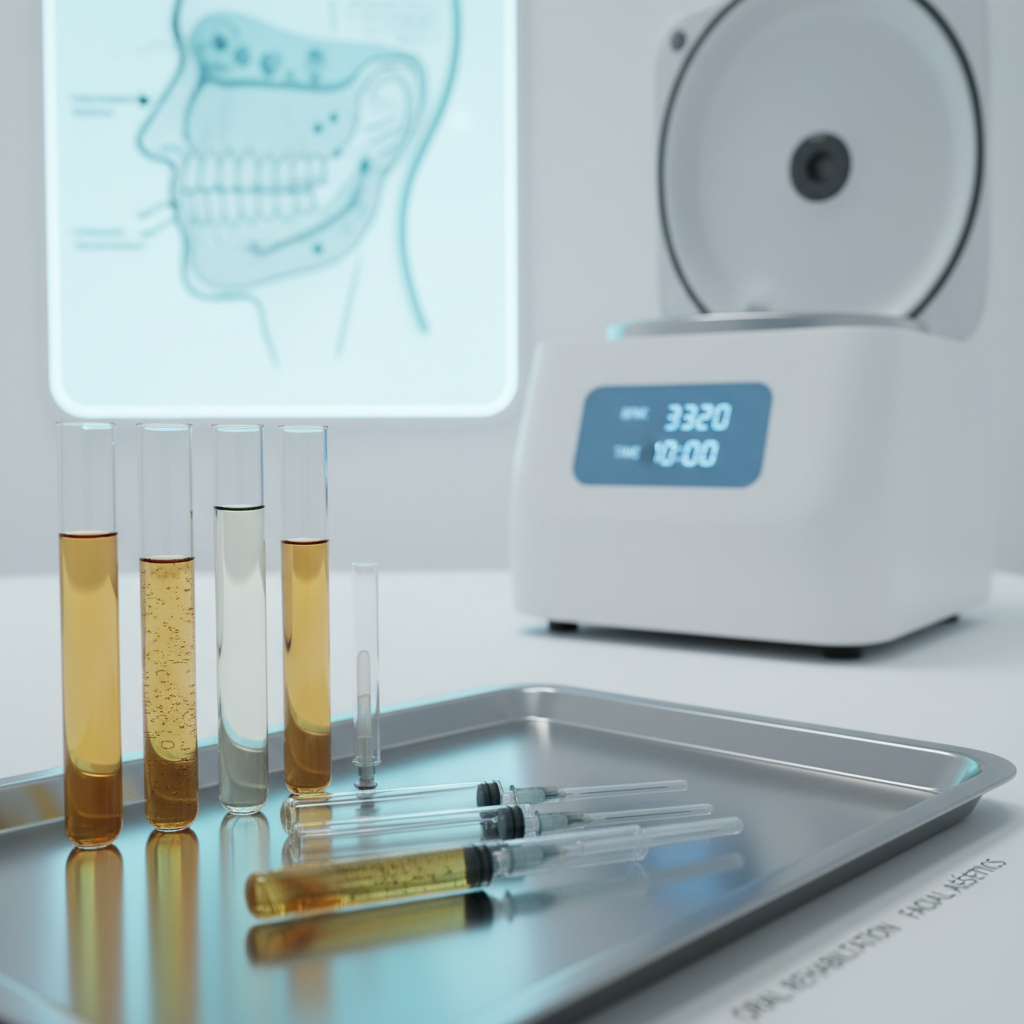 A close-up, photographic realistic still life of transparent test tubes and sterile glass syringes filled with golden plasma rich in platelets and pale plasma pobre, carefully organized on a brushed stainless steel tray. Behind them, a sleek white PRP centrifuge with a subtle digital display glows softly, and a minimalist backlit diagram of bone and tissue regeneration appears slightly out of focus on the wall. Cool, diffused clinical lighting creates crisp reflections on glass and metal surfaces while maintaining a serene, controlled mood. Shot from a slightly elevated angle with shallow depth of field, emphasizing the clarity, purity, and scientific precision of regenerative therapies used in oral rehabilitation and facial aesthetics.