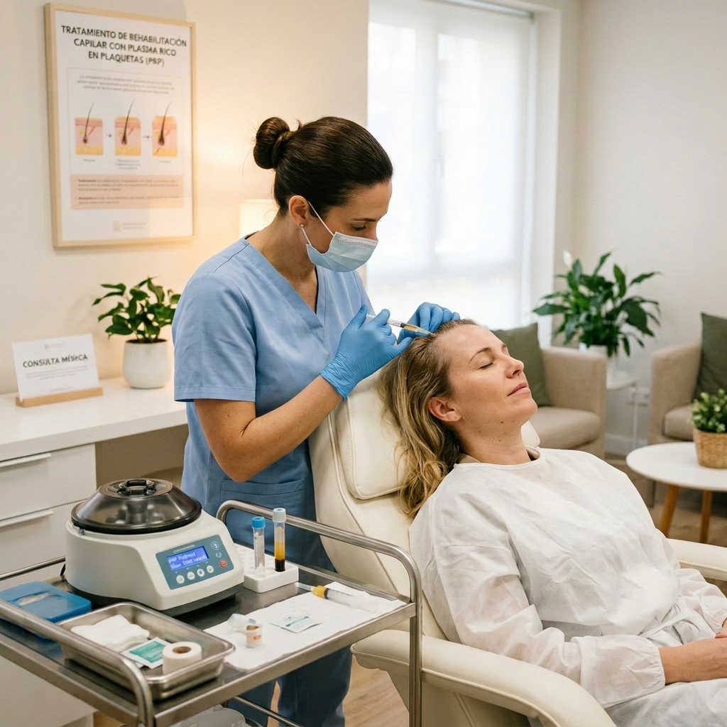 Healthcare worker injecting platelet-rich plasma into patient's scalp for hair treatment