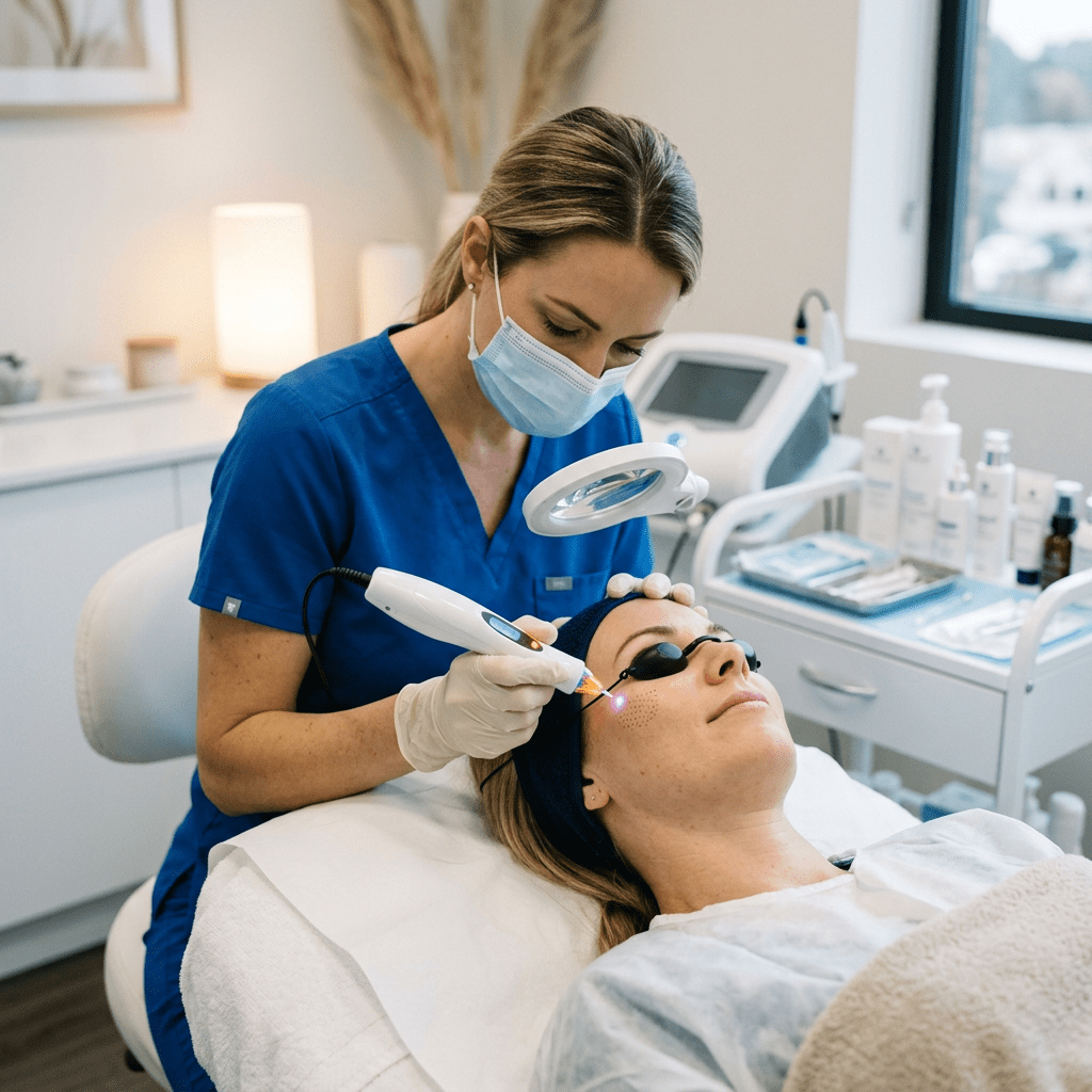 Skincare specialist wearing blue scrubs and face mask using laser device on patient's cheek
